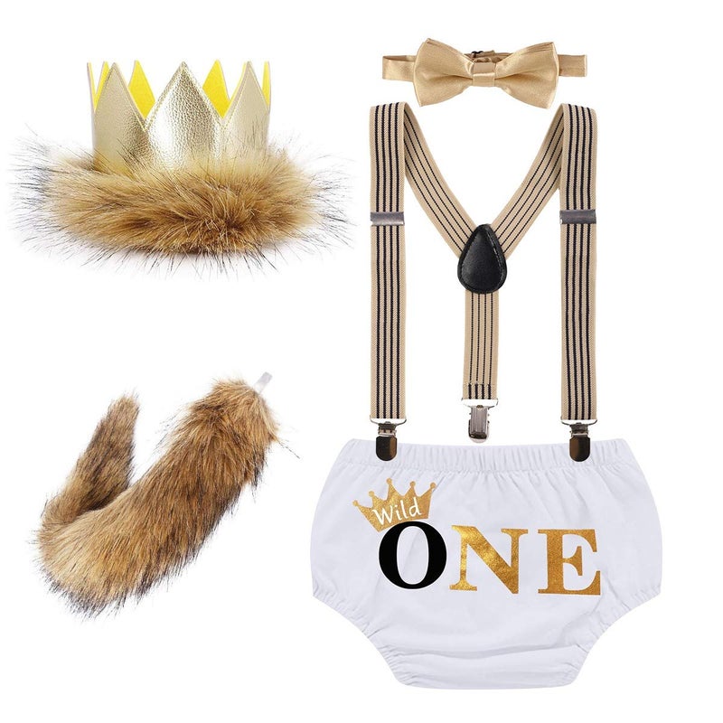 MYRISAM Baby Boys Wild ONE Crown Tail Cake Smash 1st Birthday Outfit Bloomers Suspenders Bowtie Set Baby Shower Costume White - Image 1